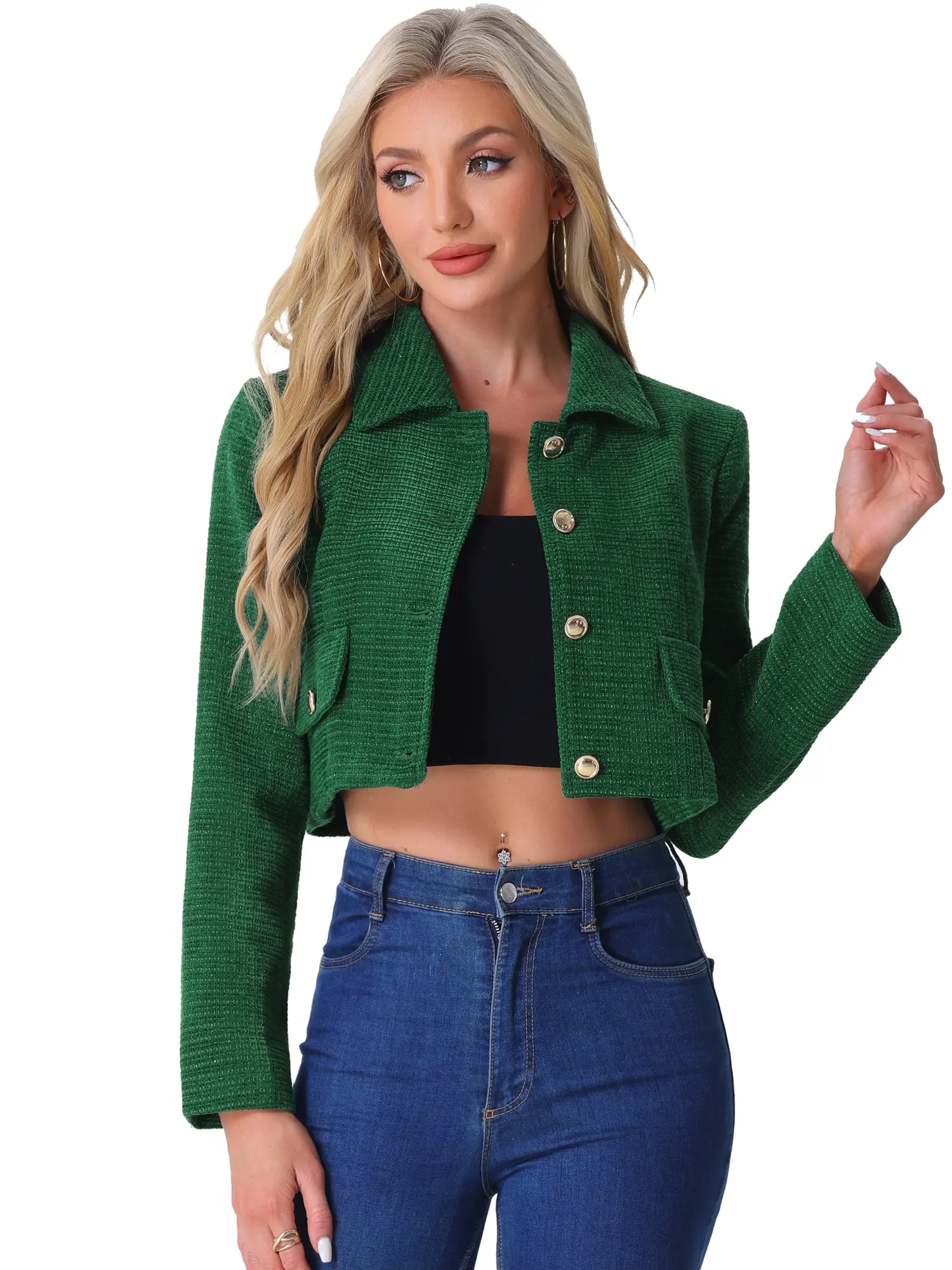 INSPIRE CHIC Button Blazer Women's Short Suit Collared Crop Tweed Jacket