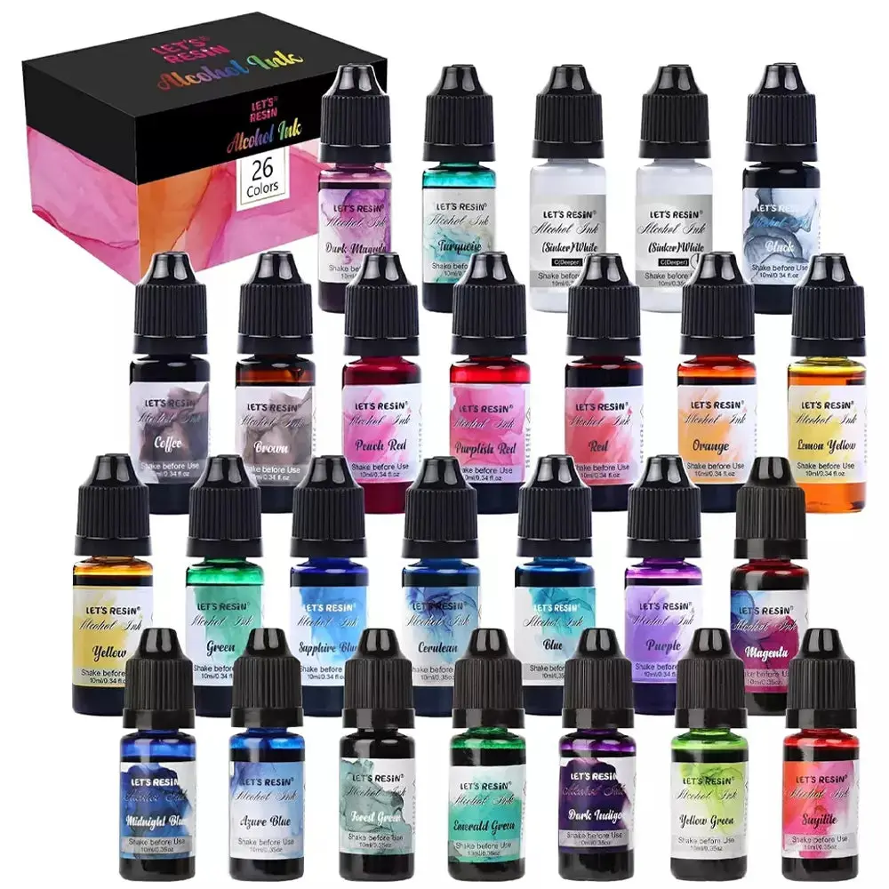 LET'S RESIN Concentrated Alcohol Ink Set, 26 Vibrant Colors Alcohol-Based Resin Ink,Alcohol Ink for Epoxy Resin, Alcohol Paint Resin Dye for Resin Art, Tumblers, Resin Epoxy(Each 0.35oz)