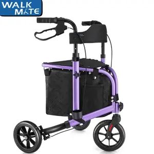 WALK MATE 3 Wheel Rollator Walker with Seat for Slim Seniors, Padded Backrest Lightweight Foldable Walker Ideal for Elderly, 8 Inch Tri-Wheel Modern Mobility Walking Aid Aluminum, Purple