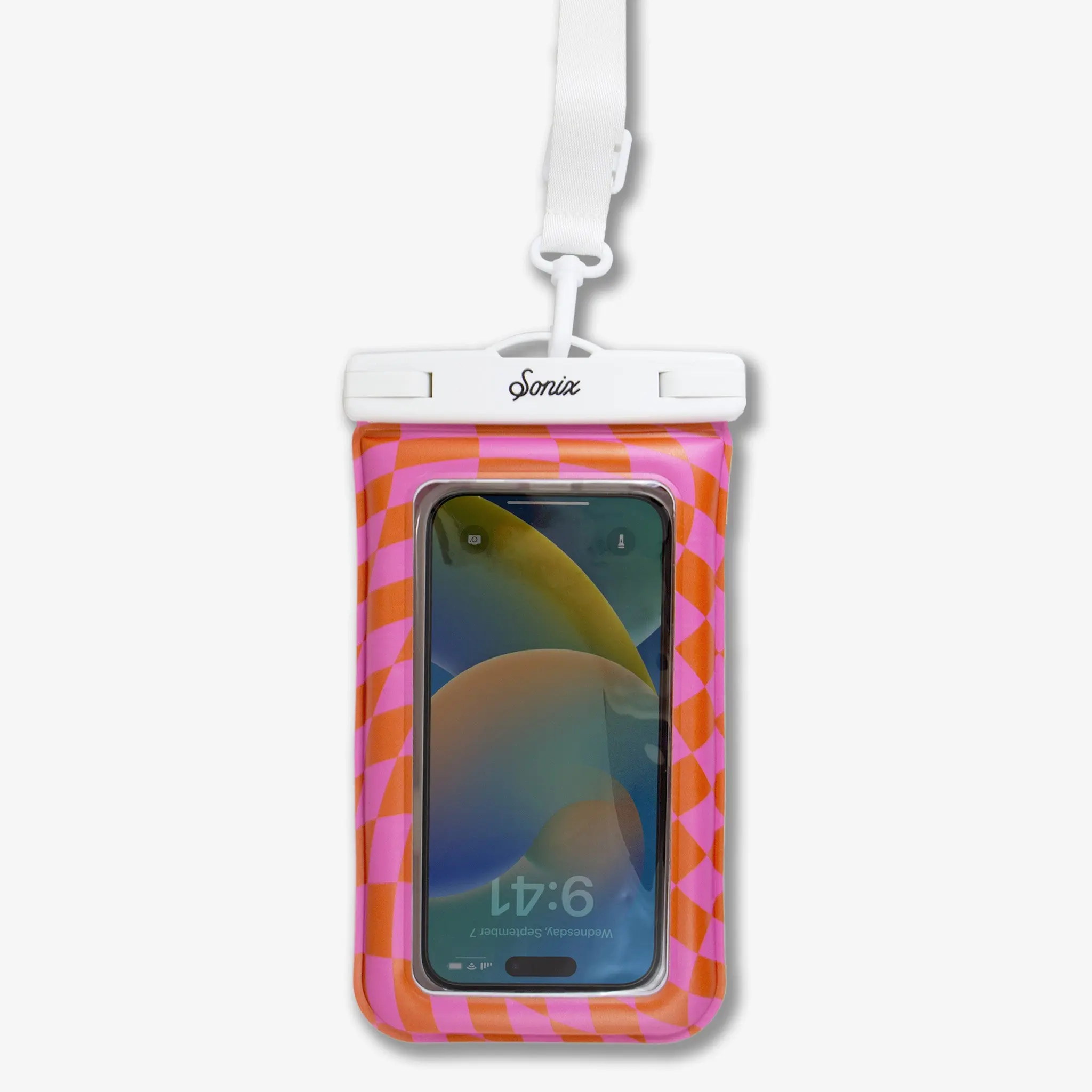 Waterproof Protective Smartphone Pouch - Adjustable Lanyard, Crossbody Design, Touchscreen Compatible, Checkmate Pink/Orange, Mobile Device Accessories, Devices