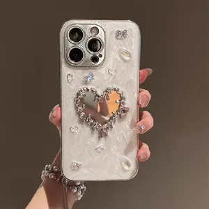Glitter Heart Pattern Phone Case with Mirror, Shockproof Phone Protective Cover, Phone Accessories Compatible with iPhone 15 14 13 12 11 Pro Max