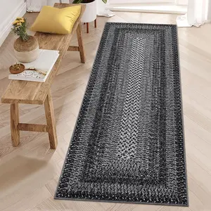 GARVEE Washable Runner Rug 2x10 Hallway Runners Braided Print Entryway Rugs Non-Slip Kitchen Rug Runner Ultra-Thin Low Pile Farmhouse Floor Mat for Bedroom Bedside Laundry Boho Accent Carpet Charcoal