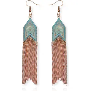 Women's Fall Vintage Country Western Dangle Earrings - Boho Turquoise, Bronze Patina, Long Copper Tassels, Geometric Cowboy Chic Costume Jewelry for Concert, Festival