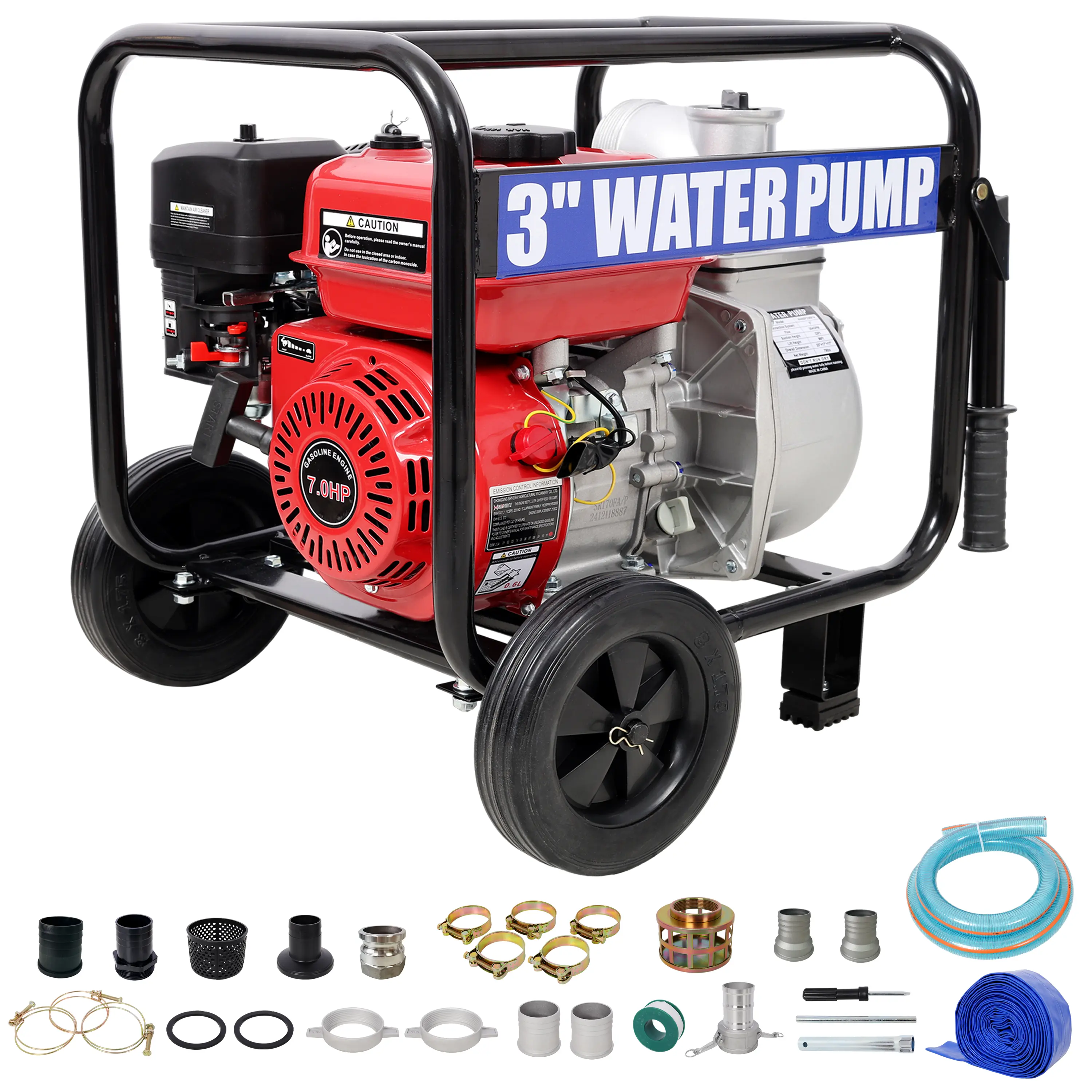 7HP 4-Stroke Gas Water Pump, 264GPM, 3" Inlet/Outlet, EPA Certified, 50FT Discharge Flat Hose, 12FT Suction Hose, 2x 8in Rubber Wheels, 3"-2" Coupler Connector, Aluminum Body, NPT Threads, Metal Clamps, Carry Handle