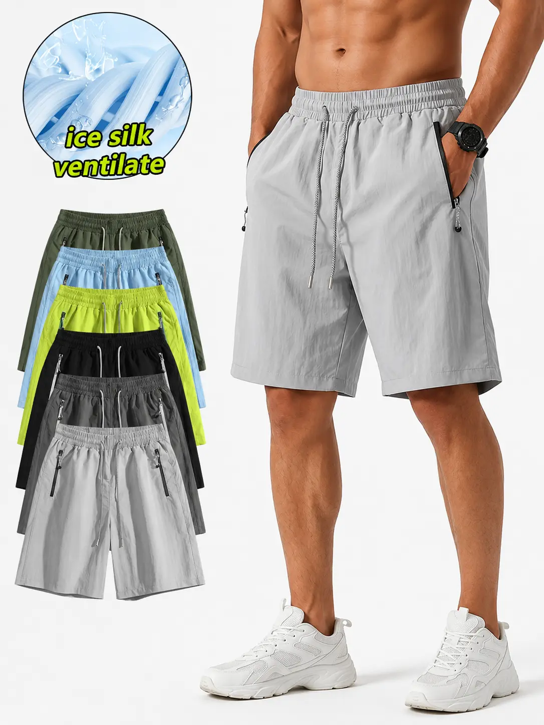 Men's Athleisure Shorts, Plain Straight-Leg Ice Silk Fabric, Cool-Touch & Quick-Drying with Zipper Pockets for Summer & Gym, Activewear Shorts, Athleisure Street Shorts