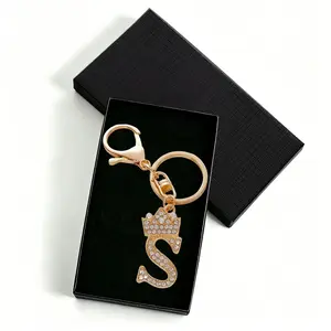 S - Gold Initial Letter Keychain, Sparkly Rhinestone A-Z Crown Pendant for Purse, Backpack, Mother's Day & Birthday Gift Idea