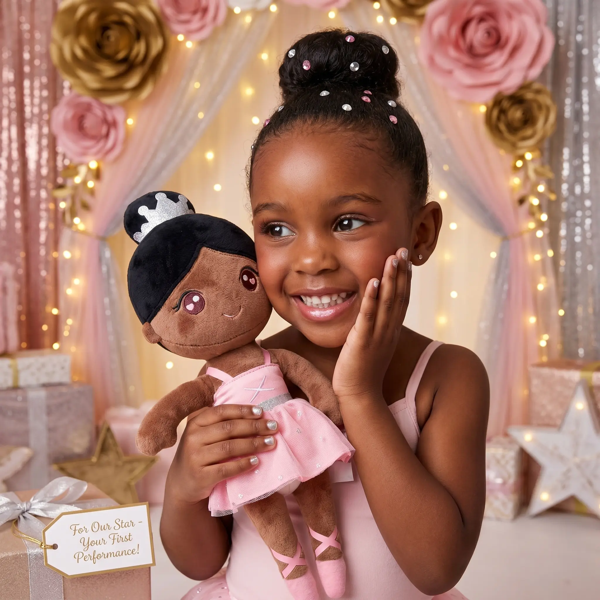 Gloveleya Curly Plush Baby Doll - Leopard Dress, Ballet Girl Design, Child-Friendly Size, Featherlight Fun, Soft Cozy Fabric, Safety Assured Companion Toy for Little Girls, Ideal 1st Birthday/Christmas Gift, Nursery Decor Keepsake