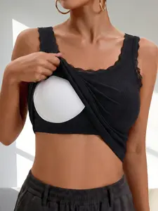 1PCS Women's Lace Tank Top with Padded Bra, Underwear, Soft and Comfortable Casual Fashion, Ribbed Edge Lace Straps, Fitted Solid Style