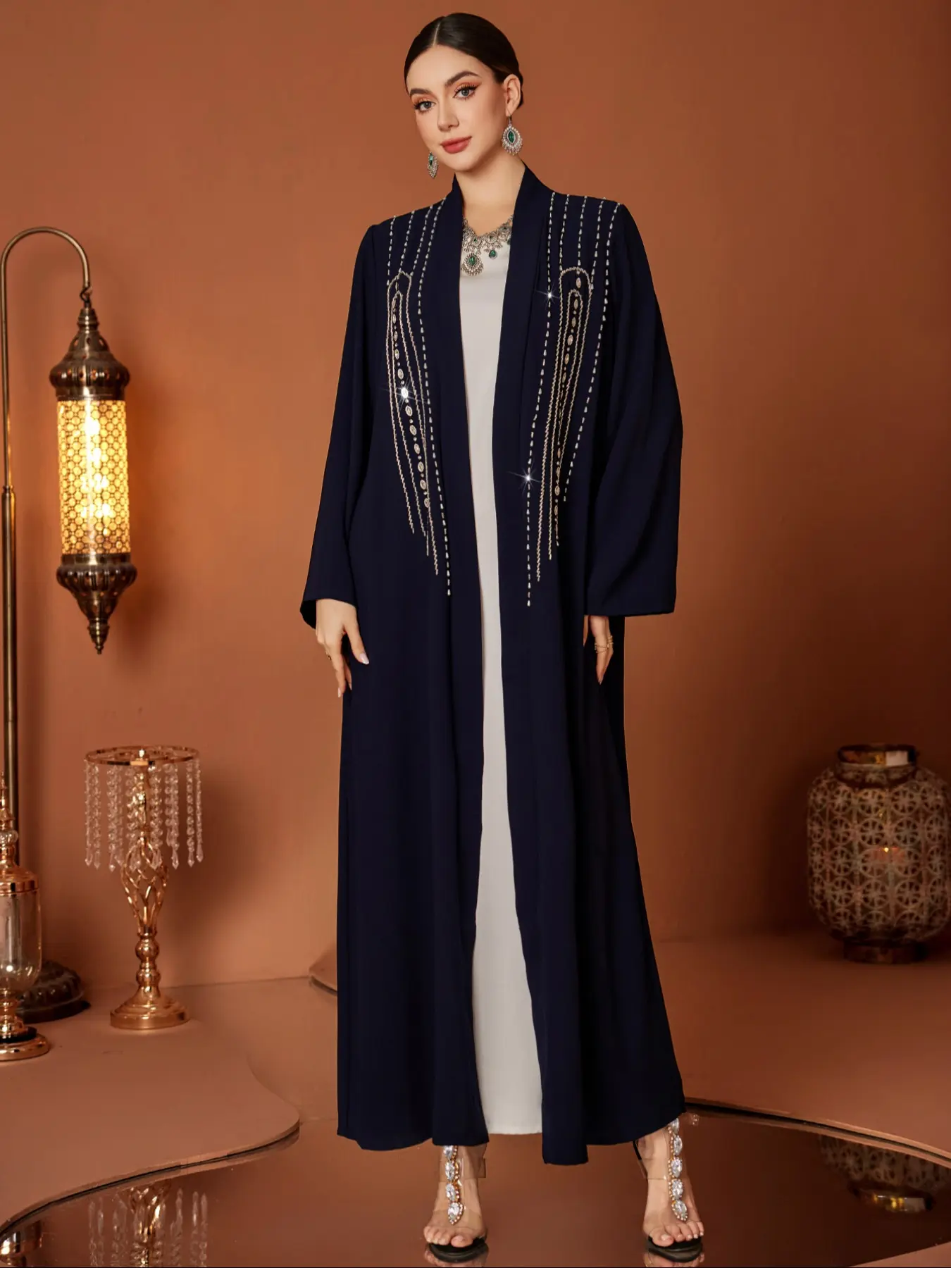 Deep Blue Beaded Abaya Robe, Arabic Style Long Coat, Silver Color Rice Pearls and Pearl Decoration, Elegant Women's Outerwear, Islamic Abayas for Eid