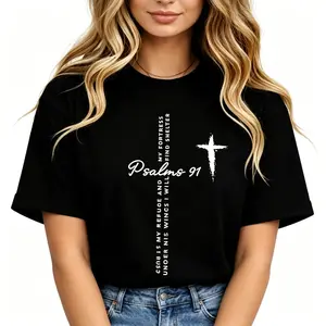 "Bible Verse & Cross" Digital Print Graphic Tee |   Christian Religious Aesthetic Statement T-Shirt |   Women's Relaxed Fit Streetwear Casual Daily Wear Top