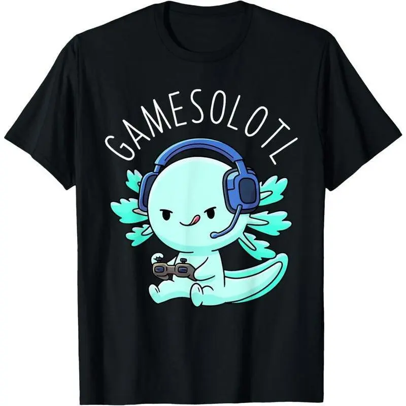 Gamesolotl Axolotl Gamer Unisex Round Neck Short Sleeve 100% Cotton T-Shirt, Kawaii Anime Video Game Graphic, Multi-Size Casual Menswear Top, Machine Washable, All-Season Regular Fit
