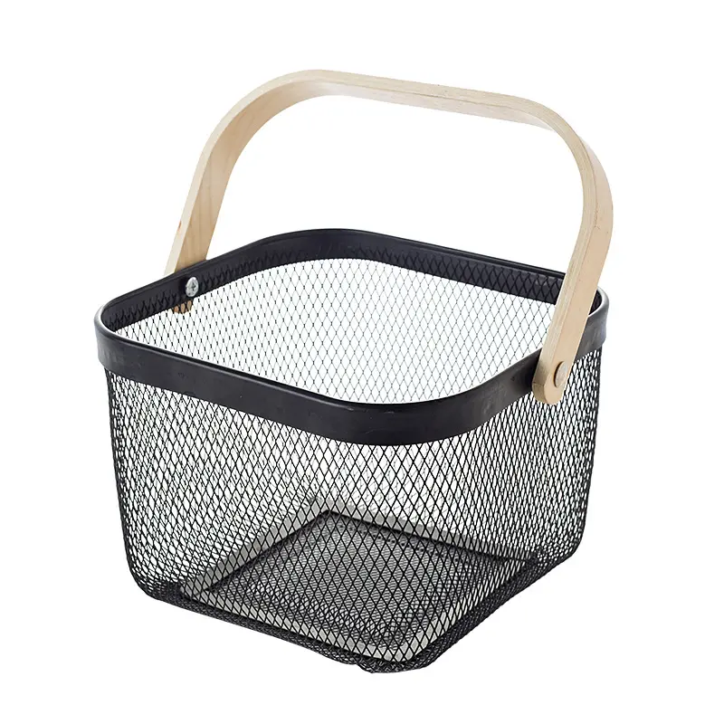 Metal Mesh Storage Basket with Wooden Handle