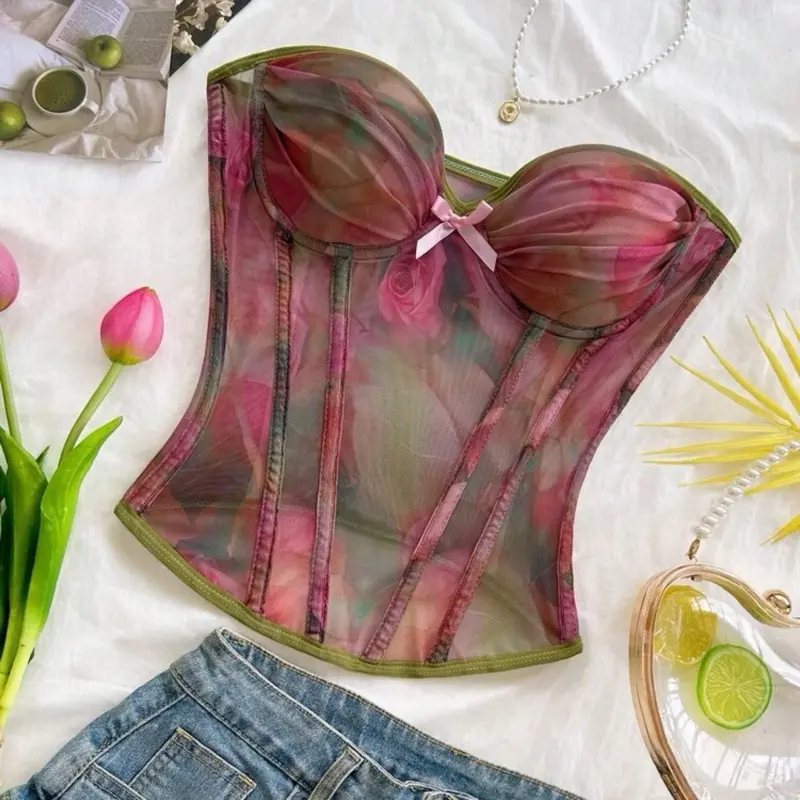 Soleia Watercolor Tie Dye Bow Tie Elastic Mesh Ruched Bustier