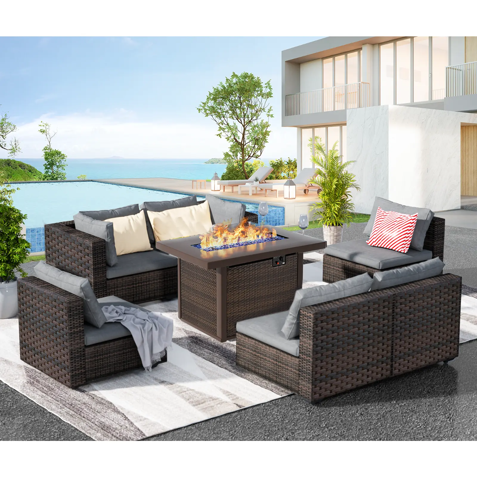 7-Piece All-Weather PE Wicker Patio Furniture Set - Modular Sectional Conversation Set with Fire Feature, No-Slip Cushions, Covers for Outdoor Lounging, Patio Furniture Sets homeessentials