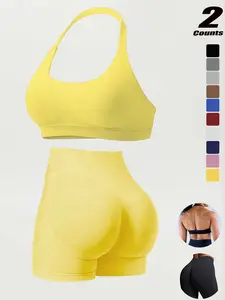 Women's High-Waisted Running Shorts Set, Stretchy Seamless Sports Bra with Removable Pads, Plain Tight-Fit Gym for All Seasons