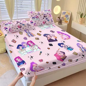 K-Pop Anime Girl Group Fitted Sheet Set, 1 Fitted Sheet and 2 Coreless Pillowcases, Soft Breathable Fabric, Cartoon Characters and Trendy Elements Bedding, Suitable for Bedroom and Dormitory, Soft Bed Sheets, Bedding Sets