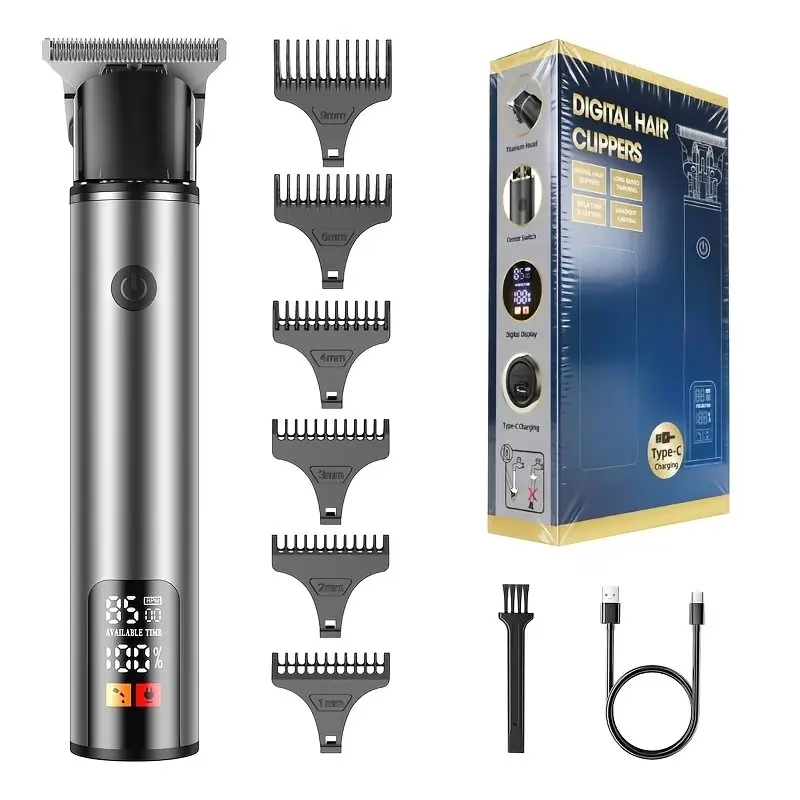 1pc Cordless Electric Men's Hair Clipper & Trimmer, Digital Display Trimmer, with Smart Display, (Type-C) Long-Lasting Battery, Cordless Beard & Mustache Trimmer Suitable for Home Grooming - Men's Grooming Gift