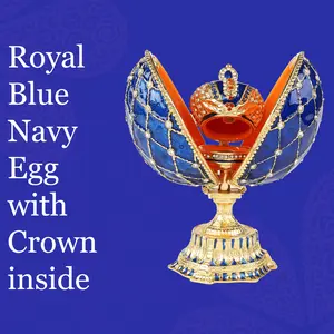 Majestic navy blue lace egg adorned with a prominent crown inside. This regal creation boasts an opulent touch with sizable Austrian crystals encircling its exterior. Standing at 5 inches, it exudes an air of royal elegance.