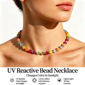 Petralune Dopamine Necklace - Rainbow Beaded Neck Chain - UV Reactive Necklace, Waterproof - Summer Jewelry, Stackable