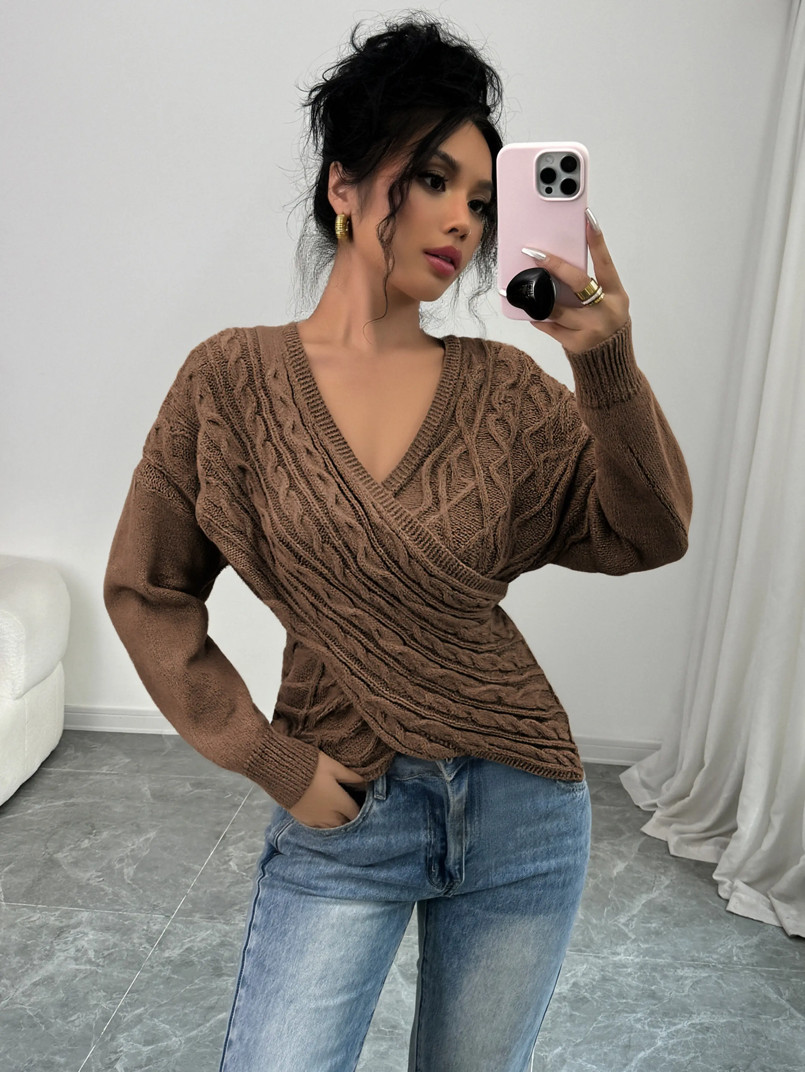 Women's V-Neck Criss Cross Sweater, Casual Cable Knit Wrap Top with Long Sleeves and Asymmetrical Hem, Fabric, Knitwear, Comfortable, Longsleeves, Soft, Wrap Style