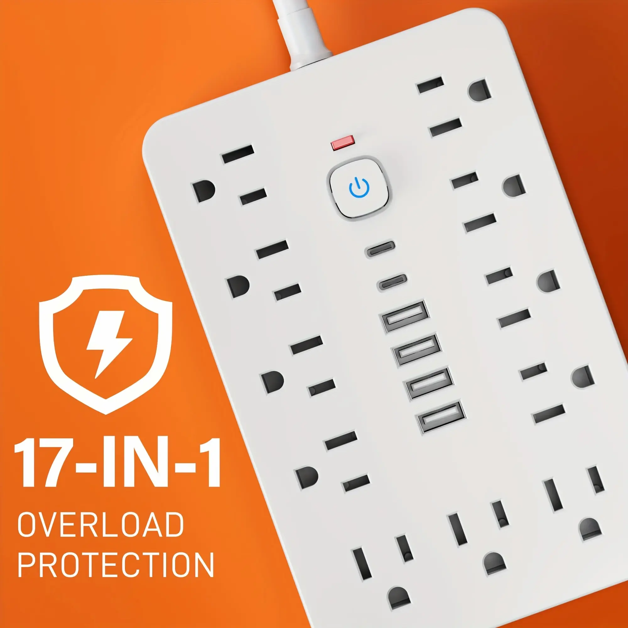 1pc Surge Protector Power Strip with 11 AC Outlets, 4 USB-A And 2 USB-C Ports And Switch, 5FT/10FT Extension Cord, Desktop Charging Station with Overload Protection, for Home, Office, Travel, Computer, White And Black