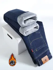 Men's Thickened Winter Fleece Jeans, Loose Straight Leg High Waist Casual Elastic Pants, Warm Long Denim Trousers for Fall & Winter, Denim Clothing