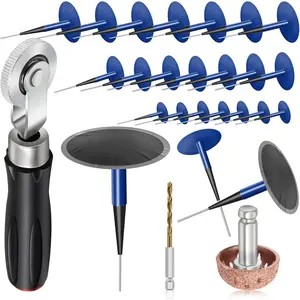 24+3PCS Tire Patch Kit – Includes 24 Tire Repair Patches (36/46/60mm), Patch Roller Tool, Buffing Wheel, and Hex Shank Drill Bit