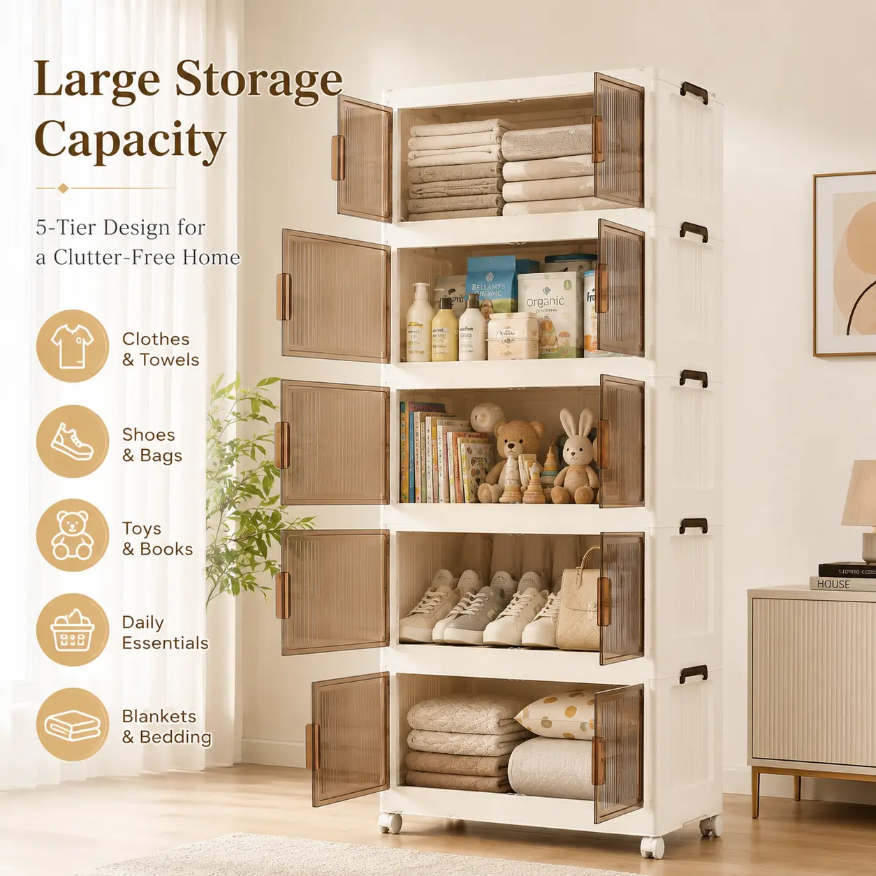 Naviconvex 5-Tier Foldable Storage Cupboard - Expandable Accent Organizer with Adjustable Height, Large Capacity, Magnetic Doors, Wheels for Apartment, Entryway, Accent Cabinet