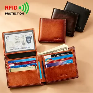 Men's Genuine Leather RFID Blocking Protection Wallet Retro Bifold Short Multifunction ID Credit Card Holder With 2 ID Wallets