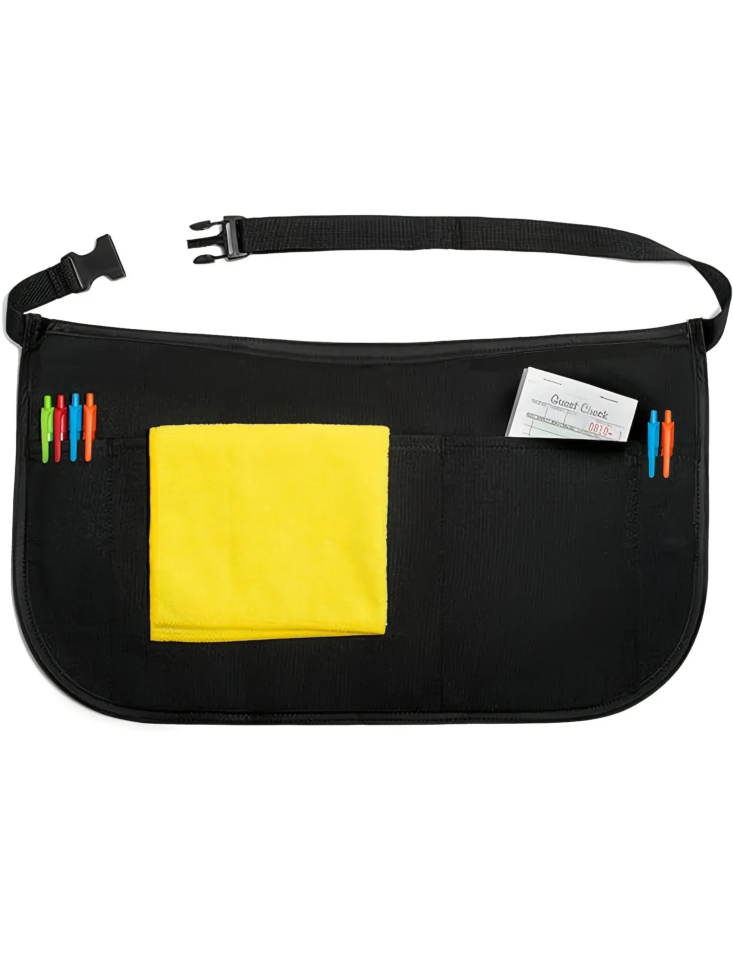 4 Pockets Server Apron with Buckle - Waterproof Black Waitress Apron Short Cleaning Half Aprons for Women Men Chef Kitchen Serving Cooking Baking, Cleaning Caddy Aprons for Cleaning Work of House Hotel, Pocketed Aprons