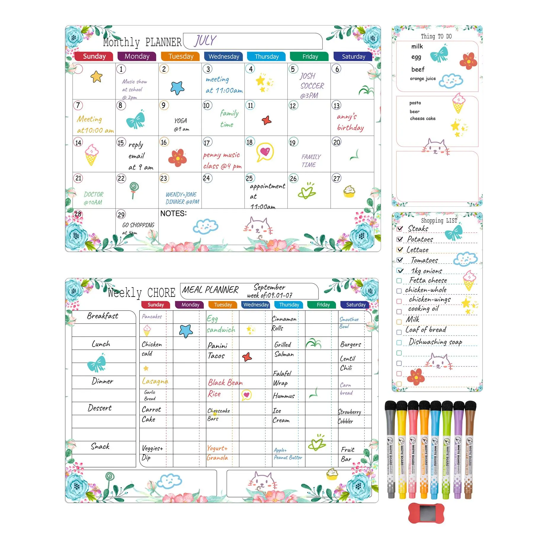 4-Pack Magnetic Dry Erase Calendar Whiteboard Set, Includes Monthly, Weekly & Daily Notepads, 8 Markers and 1 Eraser, Meal Planner for Fridge, for Refrigerator Surface, Home Planner