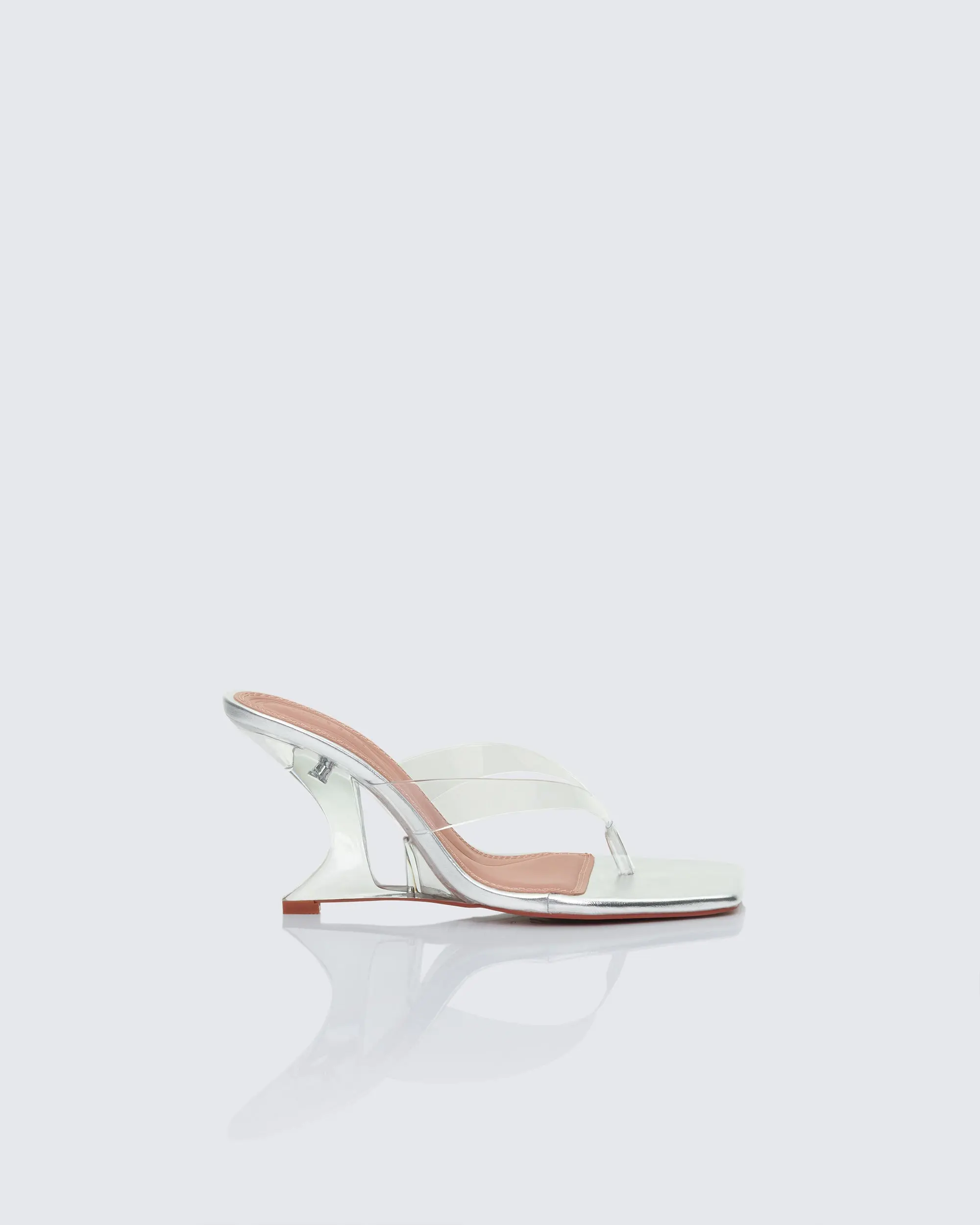Women's Chic Wedge Heels, Silver Polyurethane Mule Slip-On Sandals with a Square Toe and Transparent Perspex Strap, Chic Women's Sandals, Casual Women's Sandals