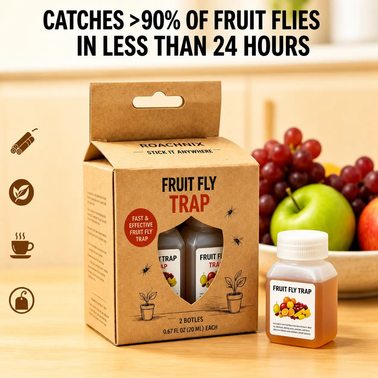 Fruit Fly Traps for Kitchen | Natural Liquid Bait Indoor Insect Catcher for Counters, Trash Bins & Home Use | Kid & Pet Friendly | 2 Pack