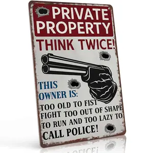 12x8 in Aluminum "Private Property Think Twice" Gun Warning Sign - Bold Western Decor, Metal-Toned Nostalgic Home Plaque for Entryway - Gun Owner Gift