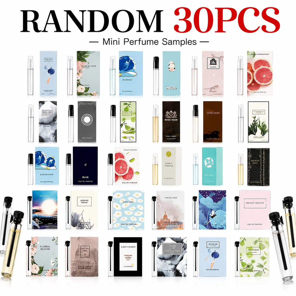 30PCS Random Mini Perfume Sample Set, Assorted Pocket-Size Fragrance Sprays for Travel, Purse, Daily Scent Rotation & Gift