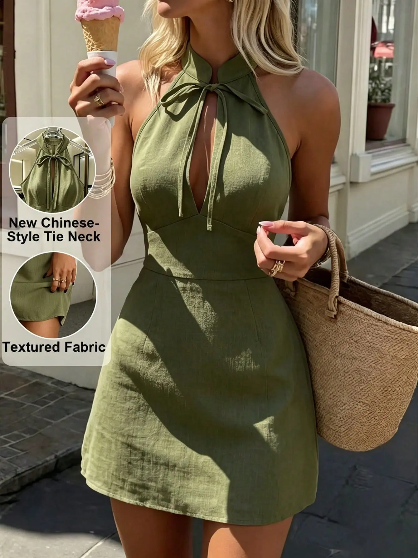 Halter Neck Mini Dresses for Women, Tie Keyhole Cutout Sleeveless Dress, High Waist Textured Fabric A‑Line Short Dress for Summer Casual Vacation Date Outing