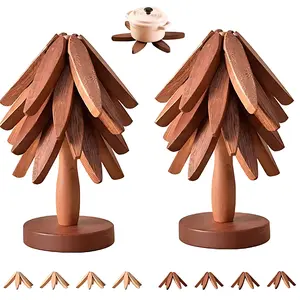 Natural Foldable Black Walnut Wooden Trivet Set, Heat-Resistant Tree Design with 5 Trivets & Stand, Wood Coasters for Hot Pots, Pans, Bowls, Kitchen Accessories Tableware couple gifts birthday