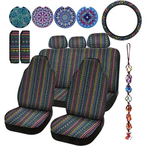 Baja Saddle Blanket Car Seat Covers Full Set, Multicolor Stripe, Boho Steering Wheel Cover, Seat Belt Pads, Crystal Hanging Ornament, Universal Fit for Most Cars