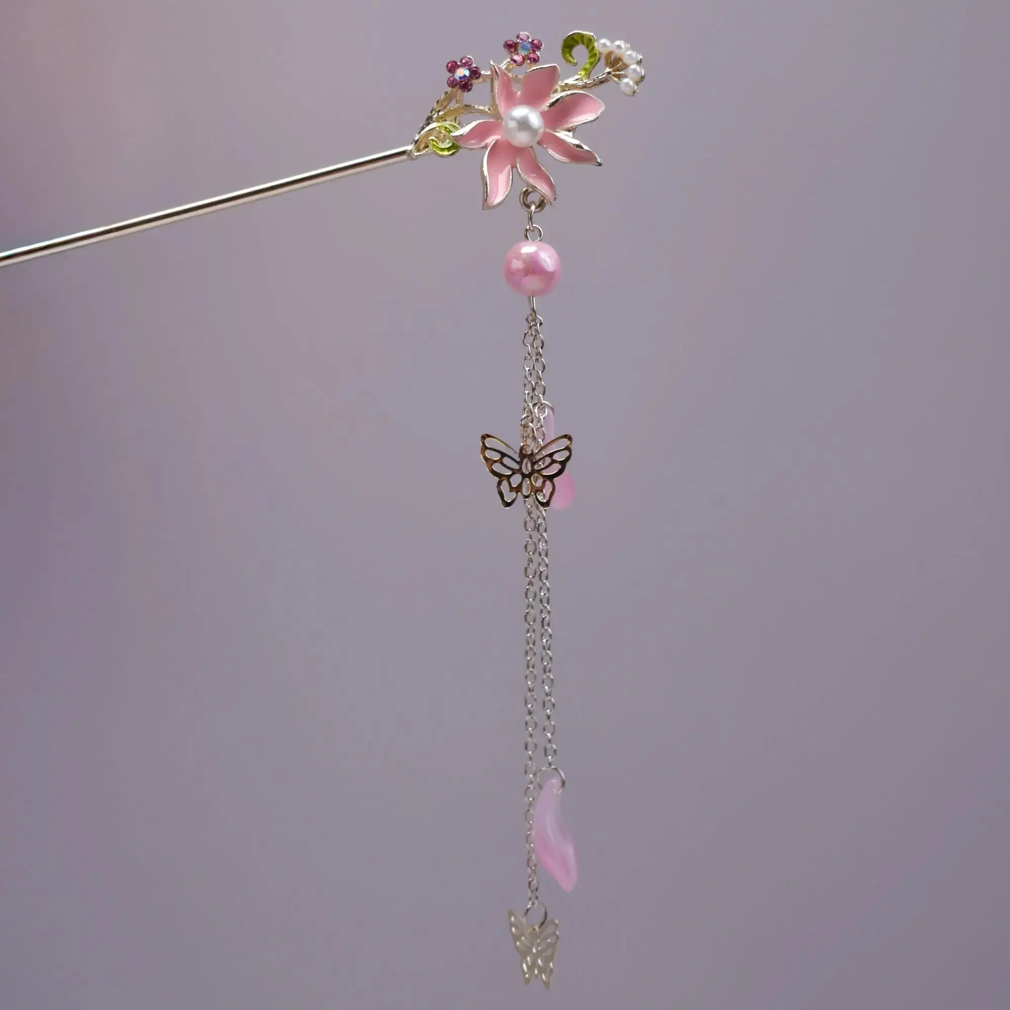 BLING EMPIRE Lotus Blossom Butterfly Hairpin - 17cm Ornate Animal-Inspired Clip Beadable Attachment Hair Accessory with Flowing Tassels & Glossy Flowers for Weddings, Ornate Hair Pins, Animal-Inspired Hair Pins
