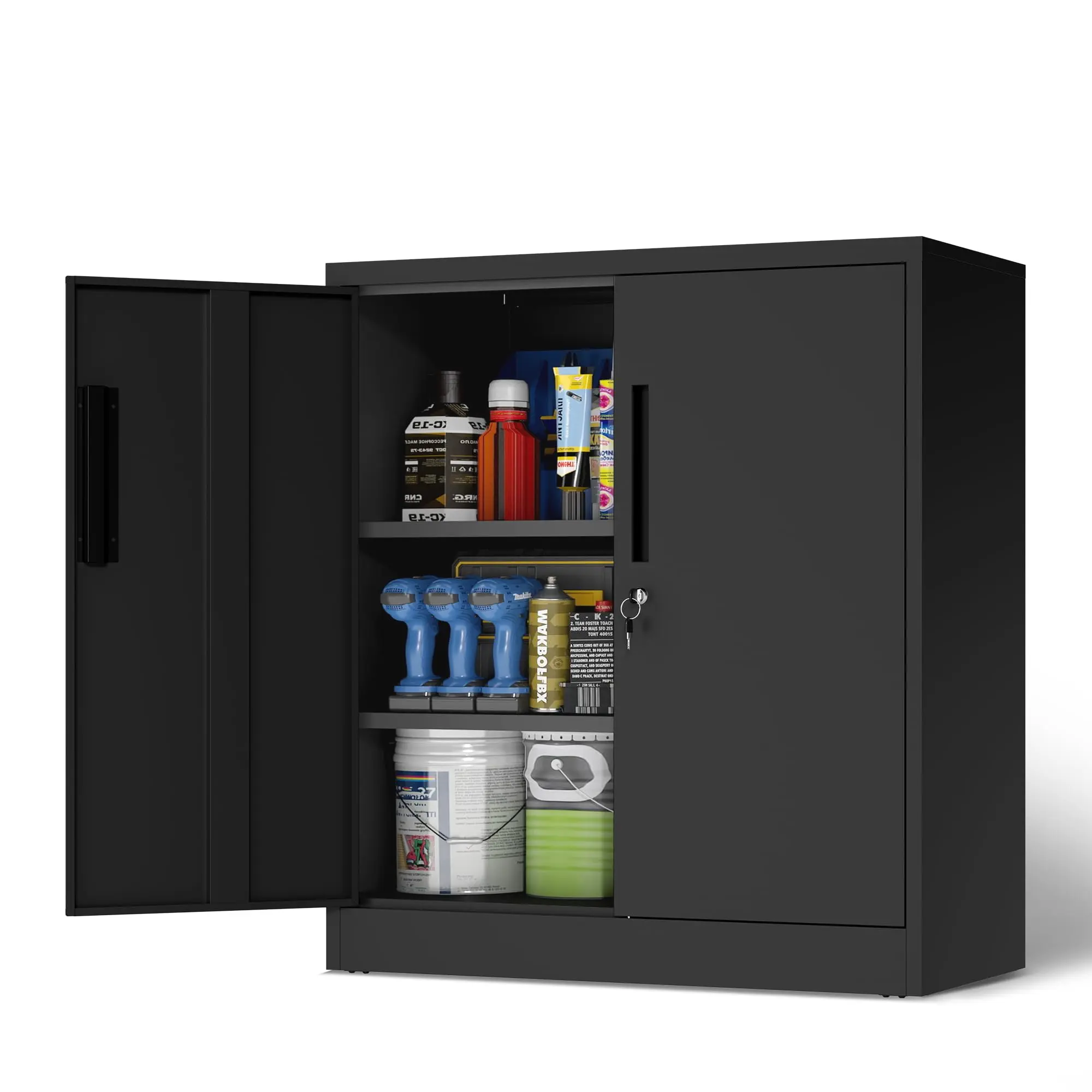 Garage Metal Storage Cabinet with Lock, H35.5 Short Storage Cabinet with Adjustable Shelves and Doors, Metal Tool Cabinet Lockable for Garage, Utility Room