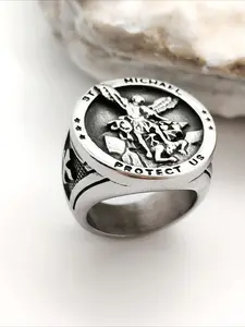 Catholic Angel Michael Gold color Ring For Men Women Punk Stainless Steel Knight Saint Michael Protect Amulet Jewelry Gifts