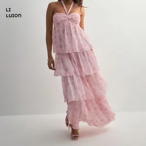 Women's Strapless Maxi Dress Fashion Sleeveless Tiered Hem Tube Wedding Guest Dresses