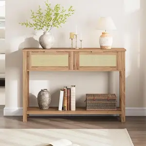 Rattan Console Table with 2 Drawers, Wooden Entryway Table with Rattan Sliding Door, Boho Console Sofa Table with Storage, Narrow Hallway Table Hallway Foyer Table for Living Room