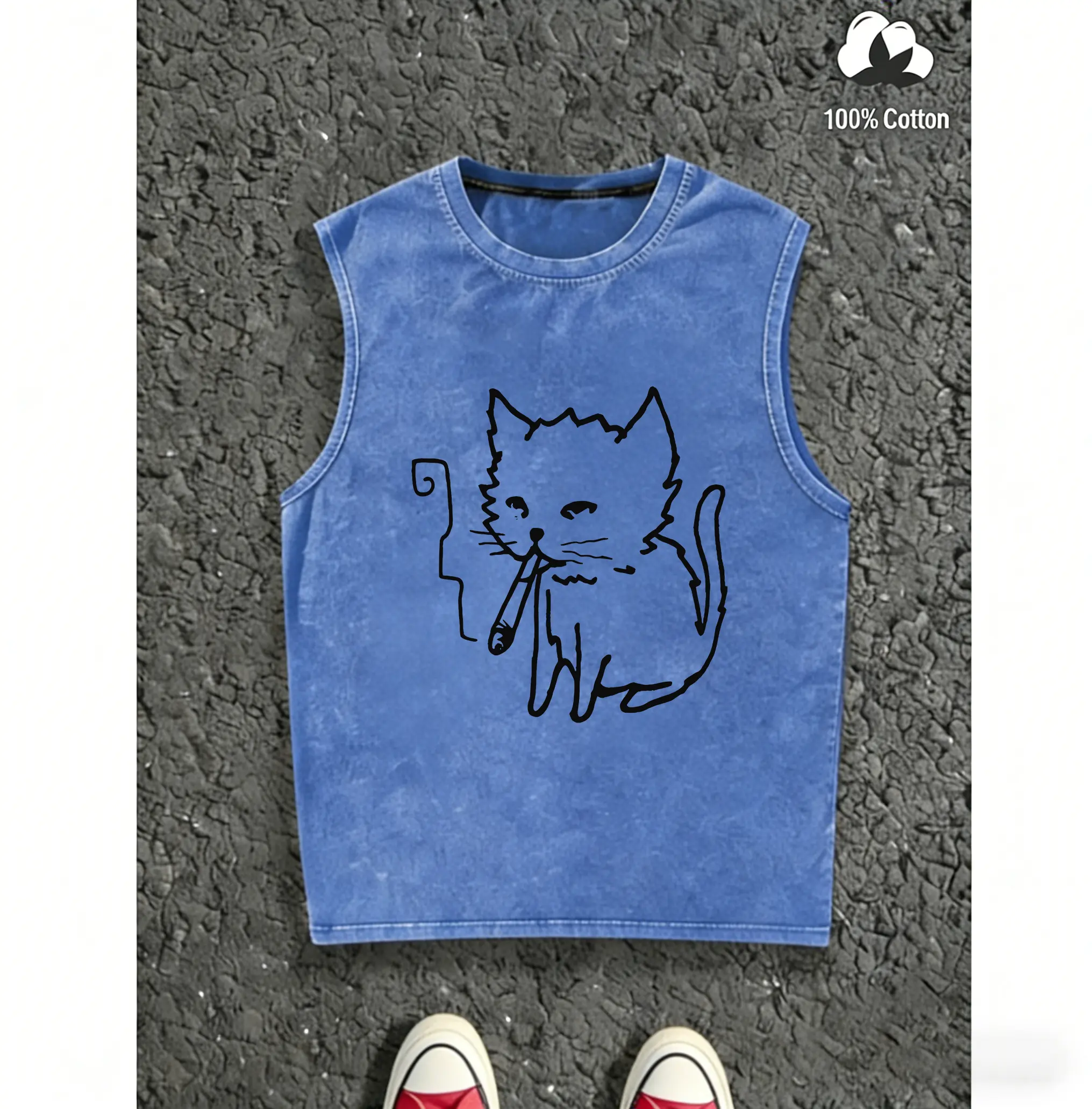Cat Smoking Y2K Graphic Washed Vest Retro Emo Grunge Soft Washed Cotton Casual Streetwear Tank Top for Men