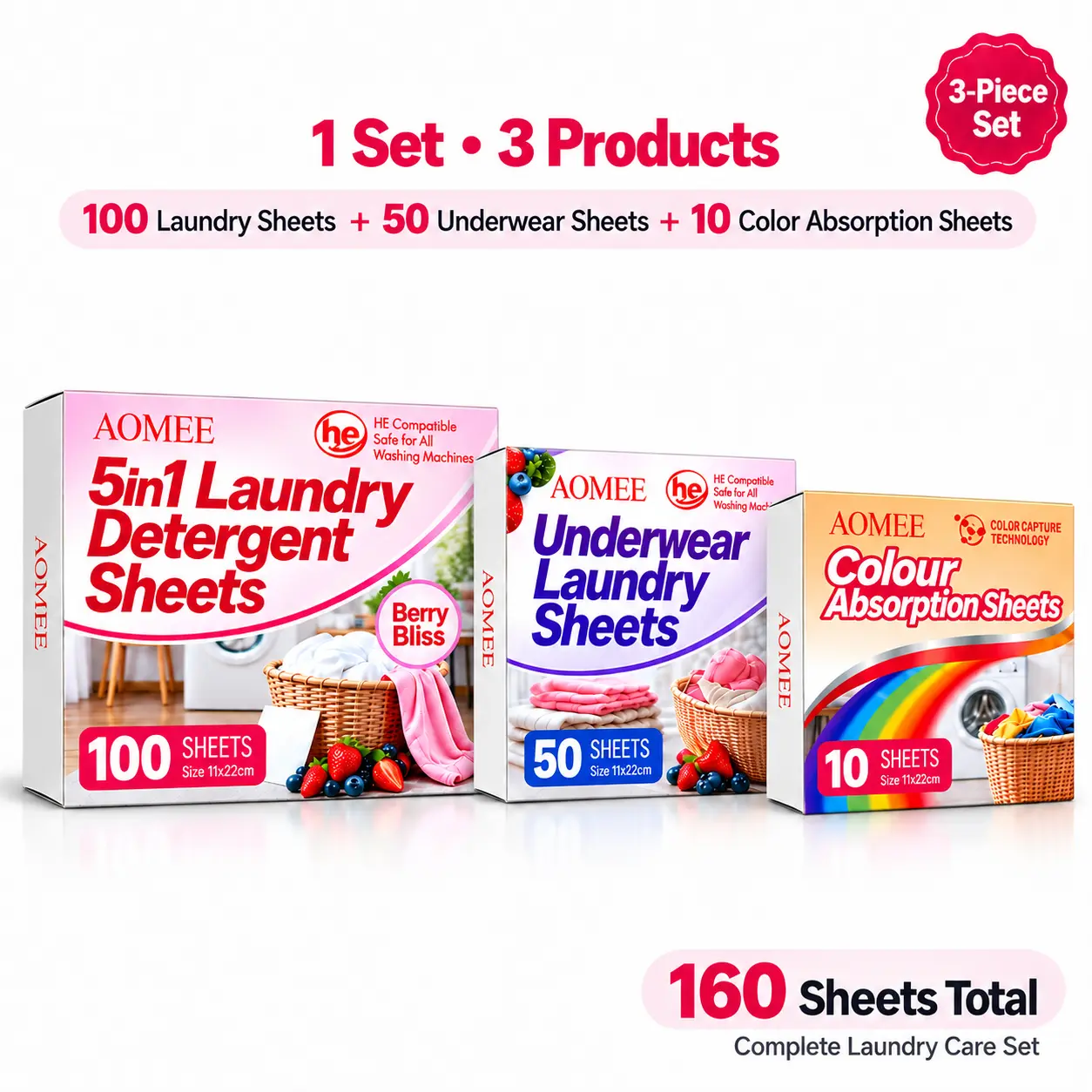 AOMEE Laundry Detergent Sheets 3-Piece Care Set, 160 Sheets Total, Everyday Laundry + Intimate Wash + Color Catcher, Enzyme-Powered Clean, Berry Scent, HE Compatible