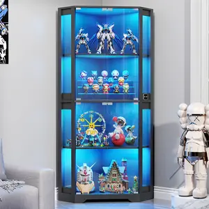 BROTTAR Display Cabinet with Glass Doors, 65" Lighted Curio Cabinet with 3 Color Lights for Collectibles, Toys, 4-Tier Corner Display Case with Human Body Sensor for Living Room,  Led Lighting,Large Storage Capacity ,Black