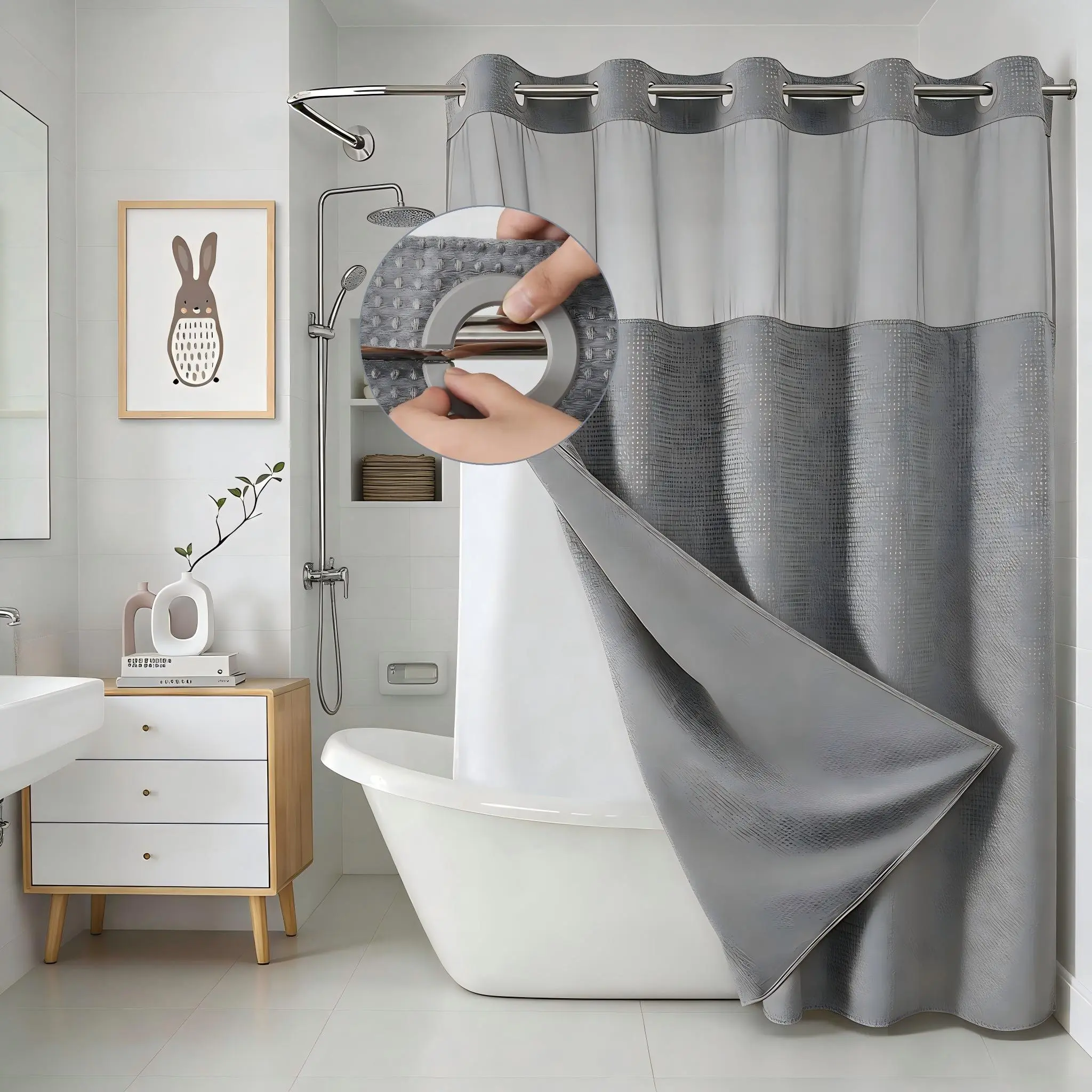 Cloth Fabric Shower Curtain Set with Snap-In Waterproof Liner Shields Walls, Modern Waffle Weave, See-Through Mesh Window View, Machine Washable Pet Grooming Bathroom Accessory