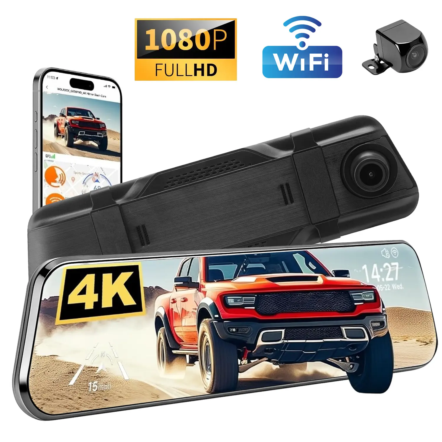 4K Front + 1080P Rear Mirror Dash Cam, 9.66'' Touch Screen Digital Rearview Camera, Super Night Vision, 24H Parking Monitor with G-Sensor, Loop Recording, 5G Wi-Fi, Parking Assist– For Cars & Trucks(SD Card Not Included)