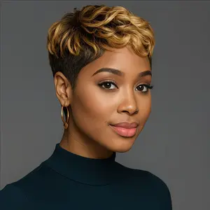 Ombre Blonde Pixie Cut Wig with Bangs – Short Layered Synthetic Wig for Women, Natural Looking Black to Blonde Hair, Easy Daily Party Style