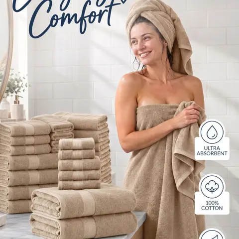 LANE LINEN 24-Piece Bathroom Towel Set - 100% Ring-Spun Cotton, Double-Stitched, Super Absorbent, Quick-Dry, OEKO-TEX Standard 100 Certified, Contemporary Household Items, Towels for Bathroom, Housewarming Gift
